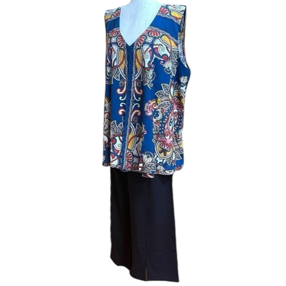 Suzanne Betro 2-Piece Set 4X NWT | Scarf Print Sleeveless Top & Black Crop Pants - Picture 10 of 13